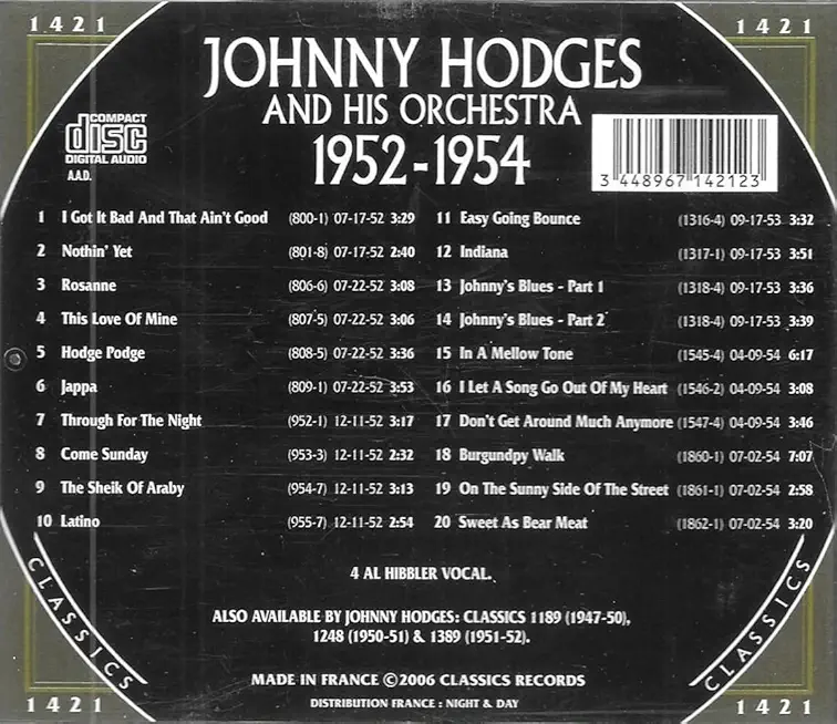 CHRONOLOGICAL JOHNNY HODGES & HIS ORCH 1952-1954