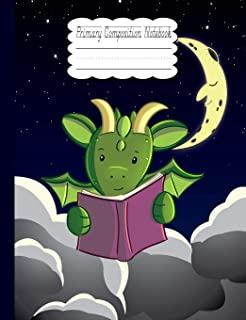 Primary Composition Notebook: Green Dragon Reading In Clouds School Story Specialty Handwriting Paper Dotted Middle Line
