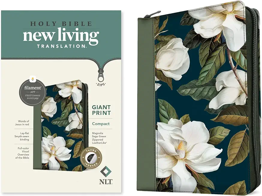 NLT Compact Giant Print Zipper Bible, Filament-Enabled Edition (Leatherlike, Magnolia Sage Green, Indexed, Red Letter)