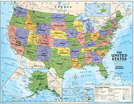 National Geographic: Kids Political USA Education: Grades 4-12 Wall Map - Laminated (51 X 40 Inches)