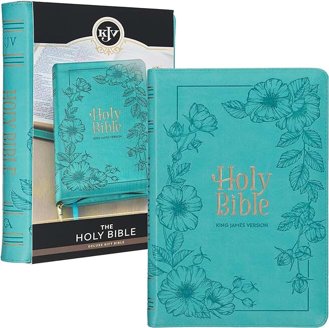 KJV Holy Bible, Standard Size Faux Leather Red Letter Edition - Thumb Index & Ribbon Marker, King James Version, Teal Floral Zipper Closure
